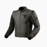 Giacca Parallax, una giacca moto in pelle con protezioni CE AA. Colore Black Olive. Di REV'IT!.